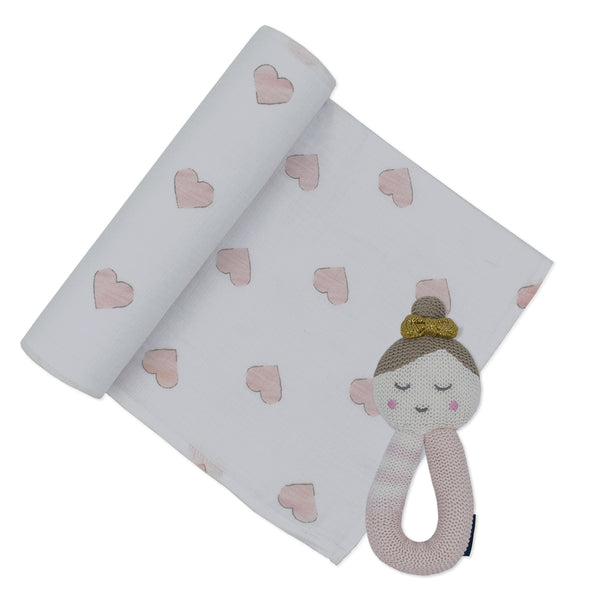 Cotton Muslin Swaddle Pink Hearts w/ Emma Ballerina Rattle Living Textiles Co