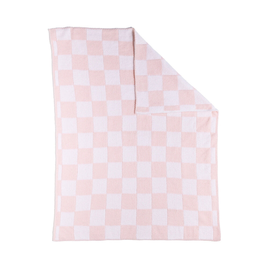 Knitted Chenille Blanket - Pink Check