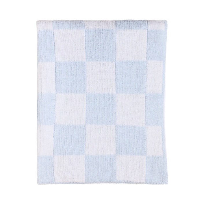 Knitted Chenille Blanket - Blue Check