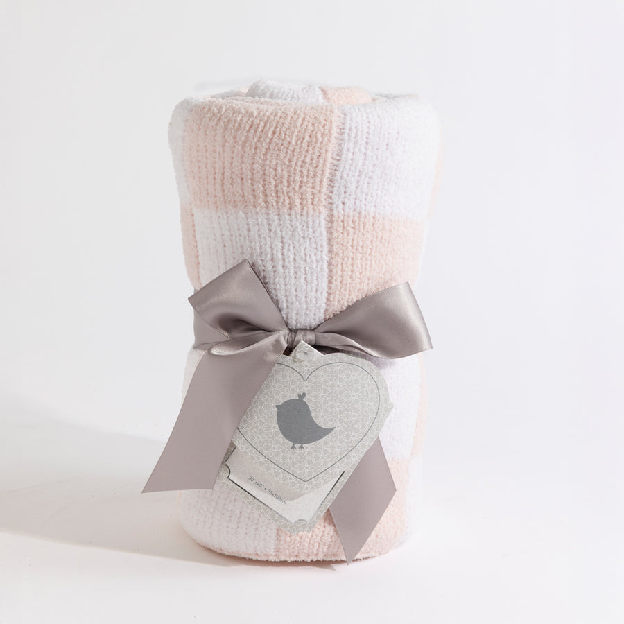 Knitted Chenille Blanket - Pink Check