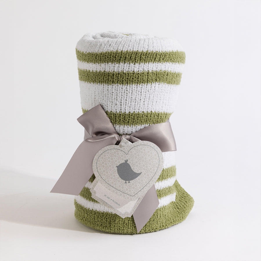 Knitted Chenille Blanket - Sage Stripes