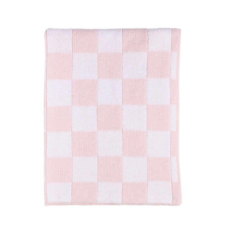 Knitted Chenille Blanket - Pink Check