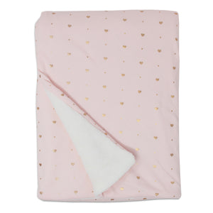 Jersey Blanket w/ Sherpa - Pink Metallic Hearts