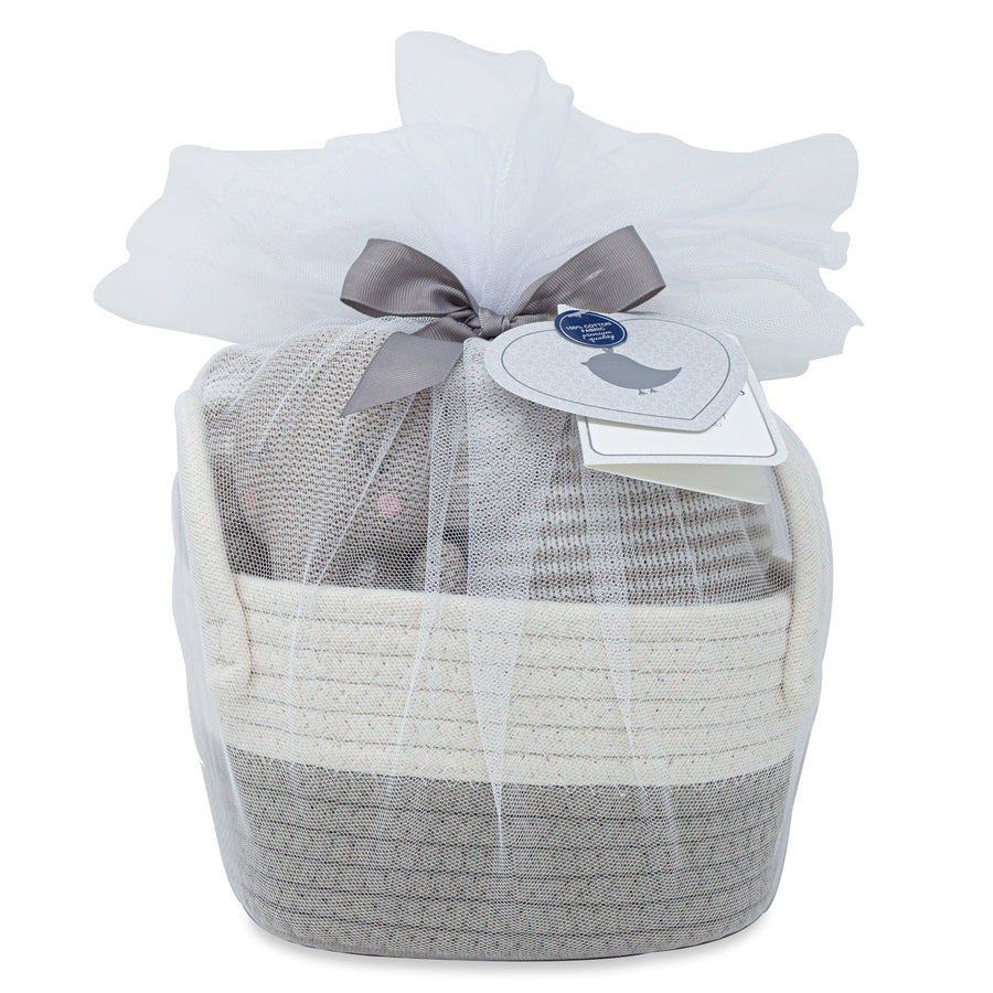 Cotton Gift Basket - Theodore Knit Toy + Stripe Blanket