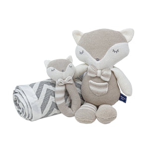 3pc Baby Set - Chevron Muslin Jacquard Baby Blanket + Charley Fox Knitted Toy + Charley Fox Rattle