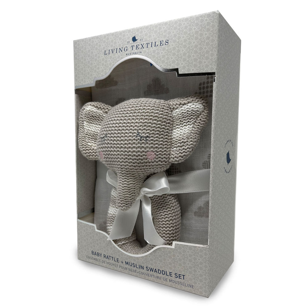 Grey Muslin Swaddle & Rattle Set - Theodore Elephant – Living Textiles Co