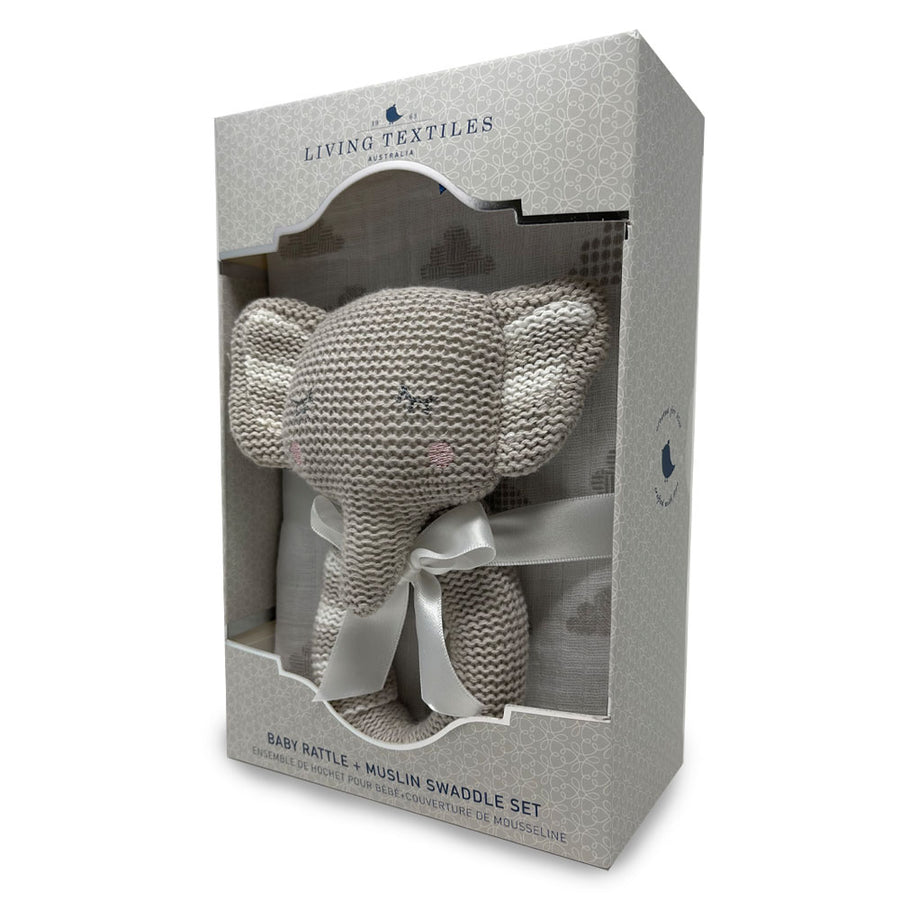 Grey Muslin Swaddle & Rattle Set - Theodore Elephant