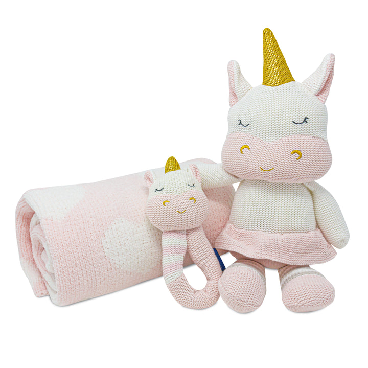 3pc Baby Set - Pink Hearts Chenille Baby Blanket + Kenzie Unicorn Knitted Toy + Kenzie Unicorn Rattle